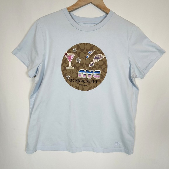 Coach Tops - Coach T-Shirt Women's Large Blue NYC Martini Patch Graphic Short Sleeve